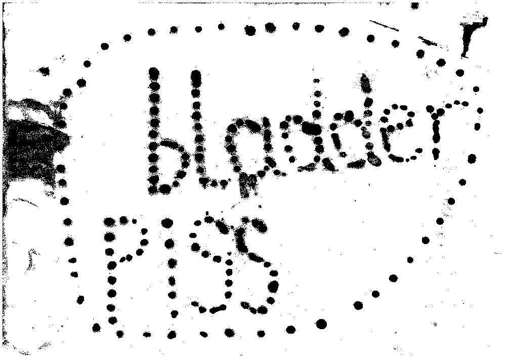 Ink drawing of the words bladder piss made out of dots.
